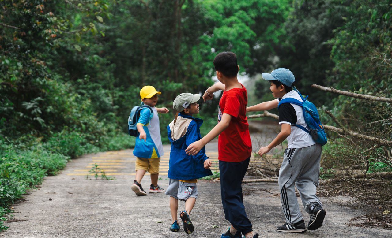 services-01 A group of children wearing backpacks enjoying a nature walk on a sunny day.
