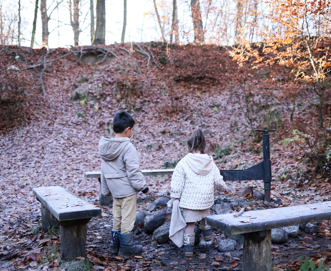 contact-img Two young children in warm coats exploring a forest clearing in autumn.